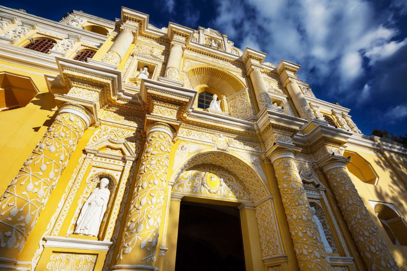 Yellow church facade in Antigua, Guatemala