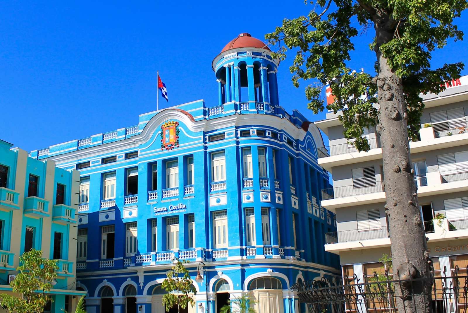 The Santa Cecilia blue building in Camaguey, Cuba