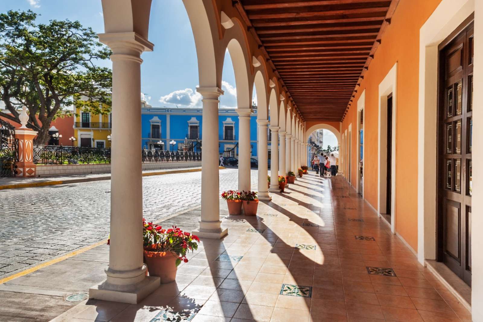 Colonade overlooking plaza in Campeche Mexico