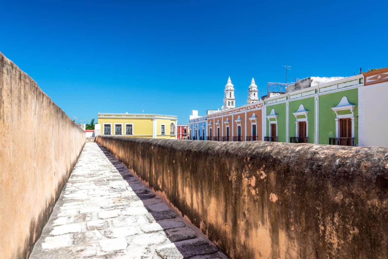 City wall and colourful buildings in Campeche Mexico