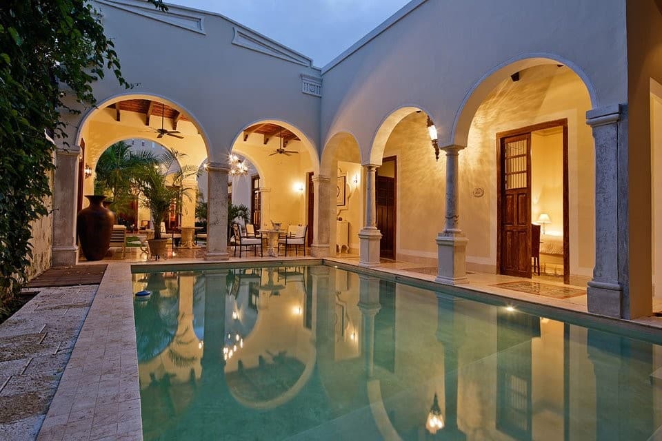 Pool at Casa Lecanda in Merida in the evening