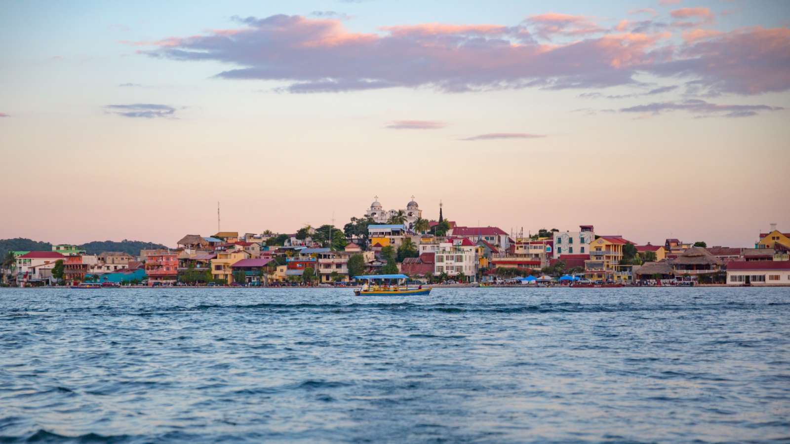 View of Flores, Guatemala from Lake Peten