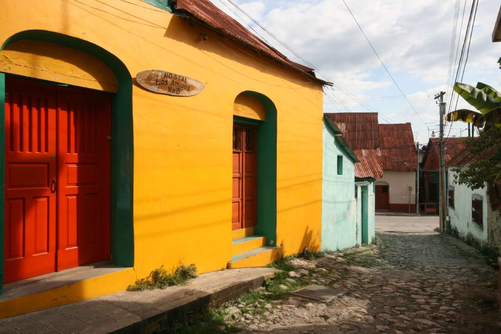 Orange building in Flores, Guatemala