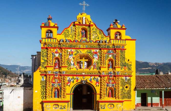 Church Facade In San Andres Xecul Town, Guatemala