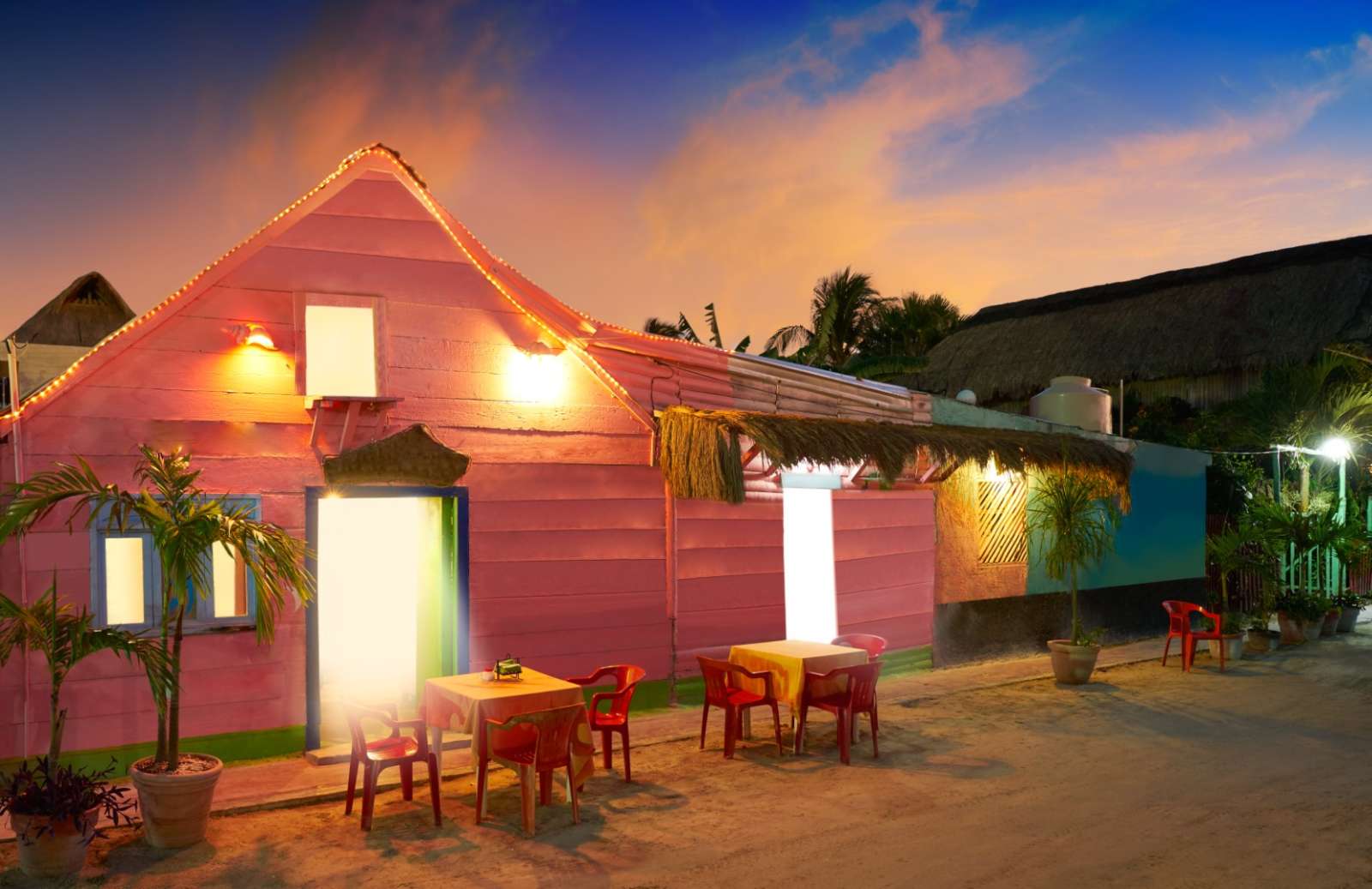 A restaurant during the evening on Holbox, Mexico