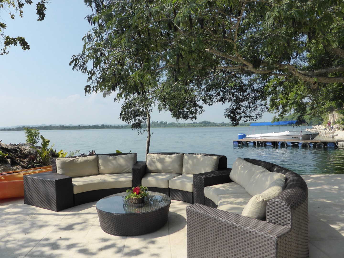Lakefront seating at Hotel Bolontiku