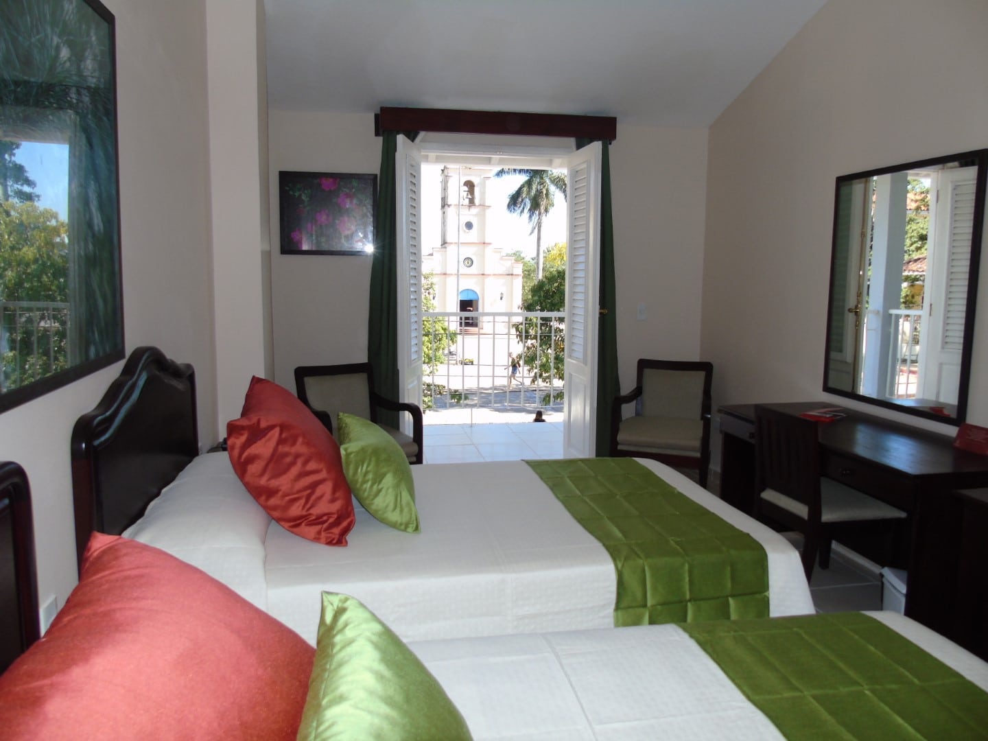 Twin room with view of church at Hotel Central in Vinales, Cuba