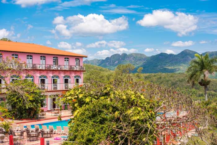 Main building and pool at Hotel Los Jazmines in Vinales, Cuba