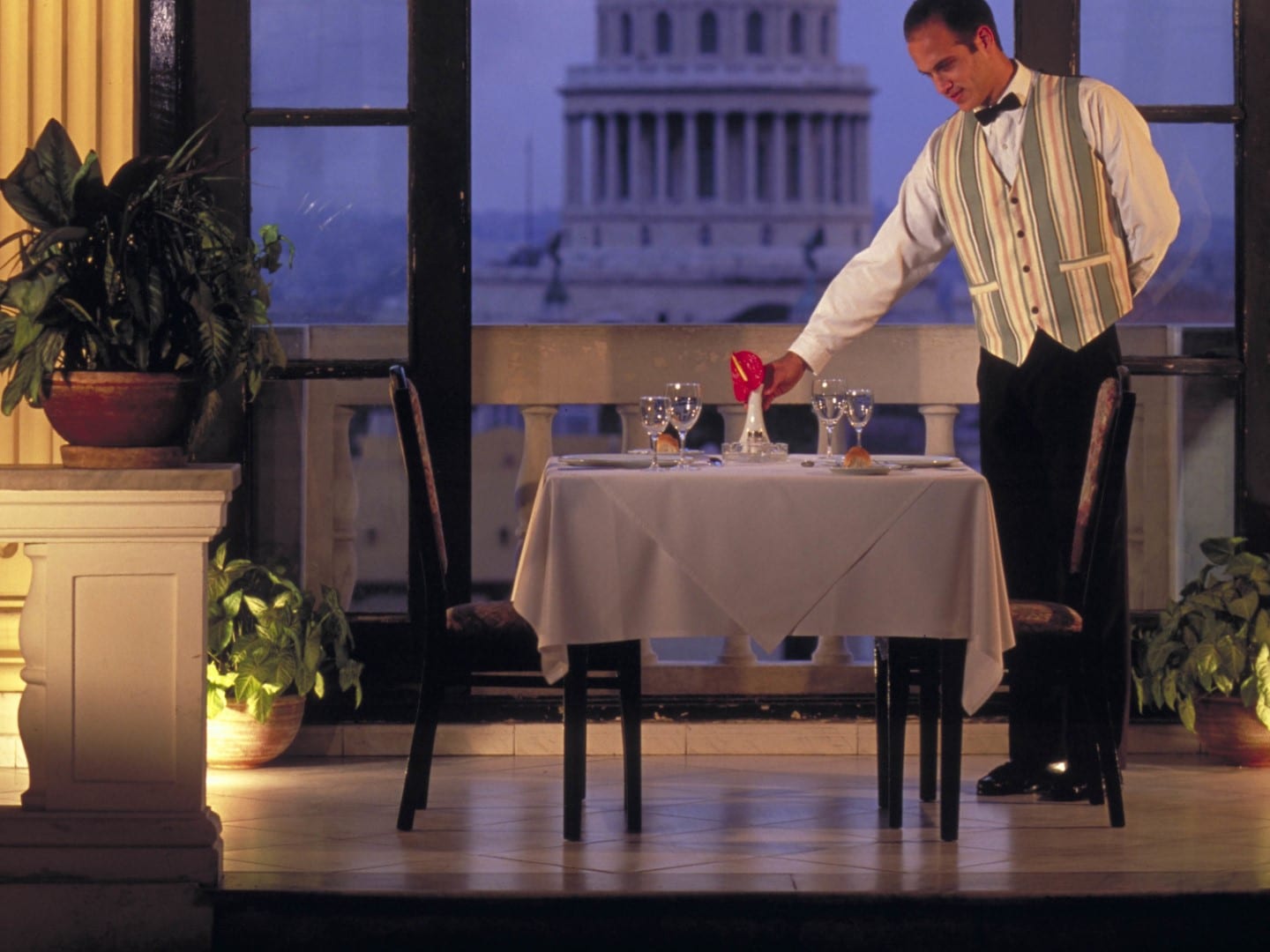 Rooftop restaurant setting with view at Hotel Sevilla in Havana, Cuba