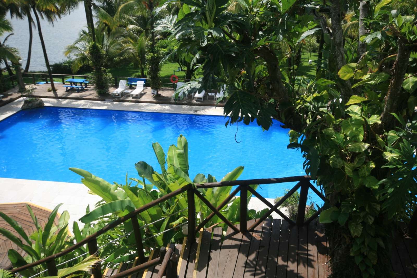 Steps leading to pool at Villa Caribe in Livingston, Guatemala