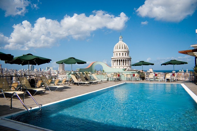 The rooftop swimming pool at the Hotel Saratoga in Old Havana, Cuba