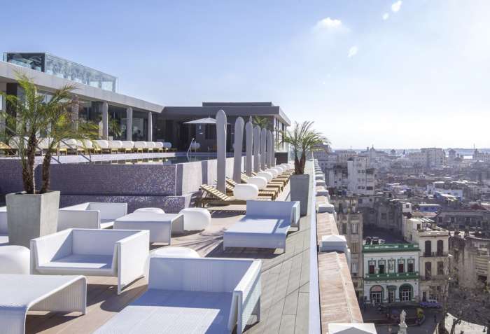 Rooftop terrace and views from the Iberostar Packard hotel in Havana, Cuba