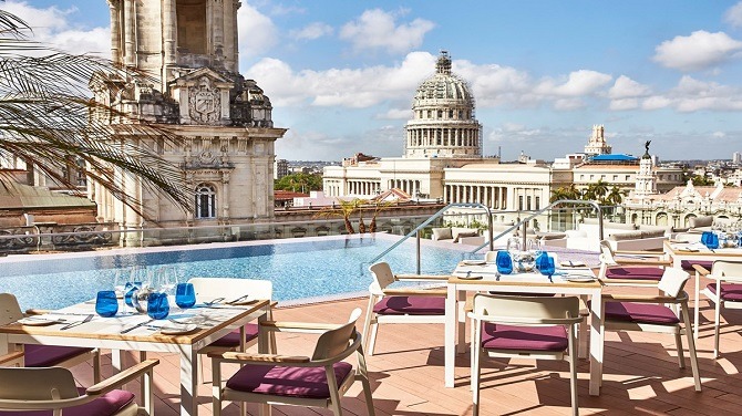 View over Havana from the rooftop pool and restaurant at the Kempinski Havana hotel La Manzana