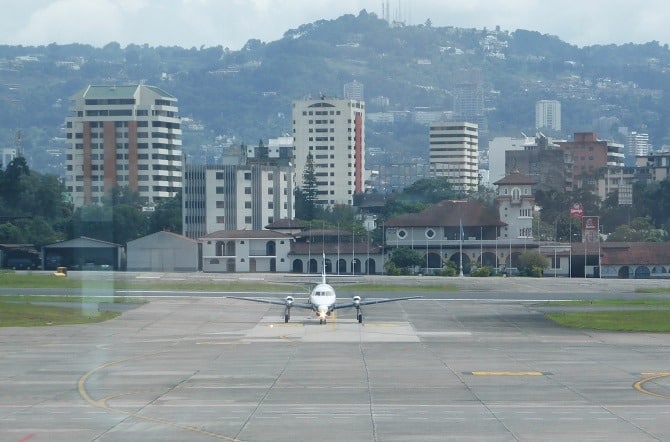 An aircraft arriving at La Aurora International Airport, Guatemala City