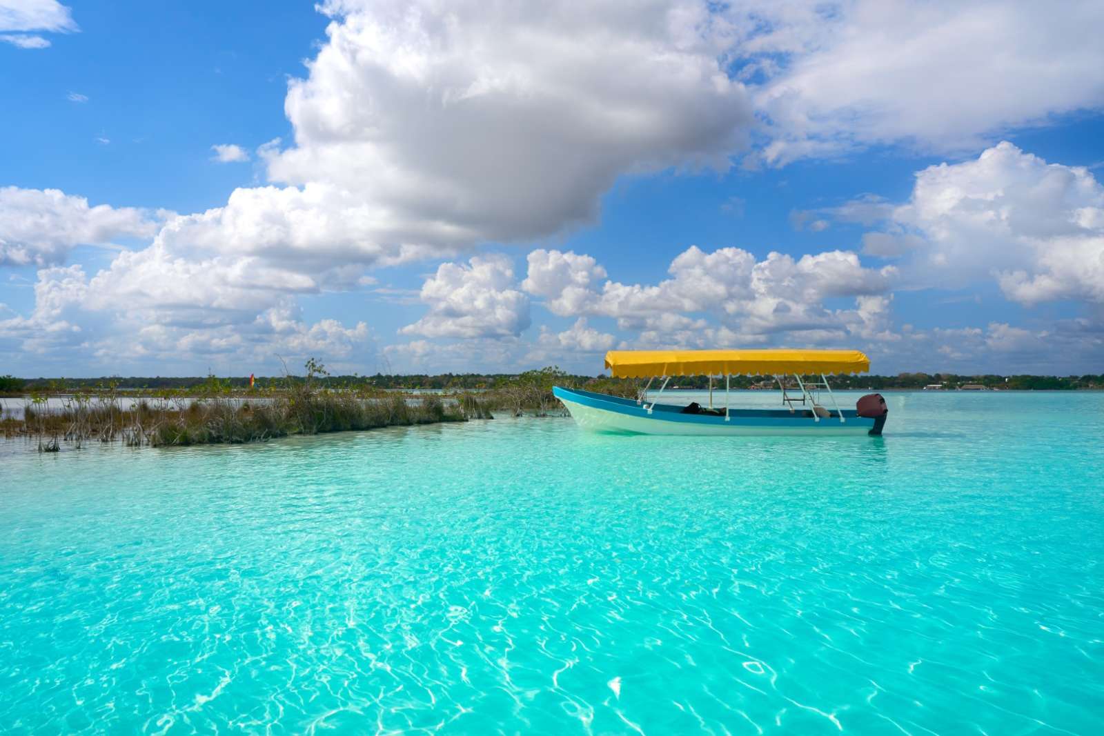 Boat amongst reeds on Laguna Bacalar