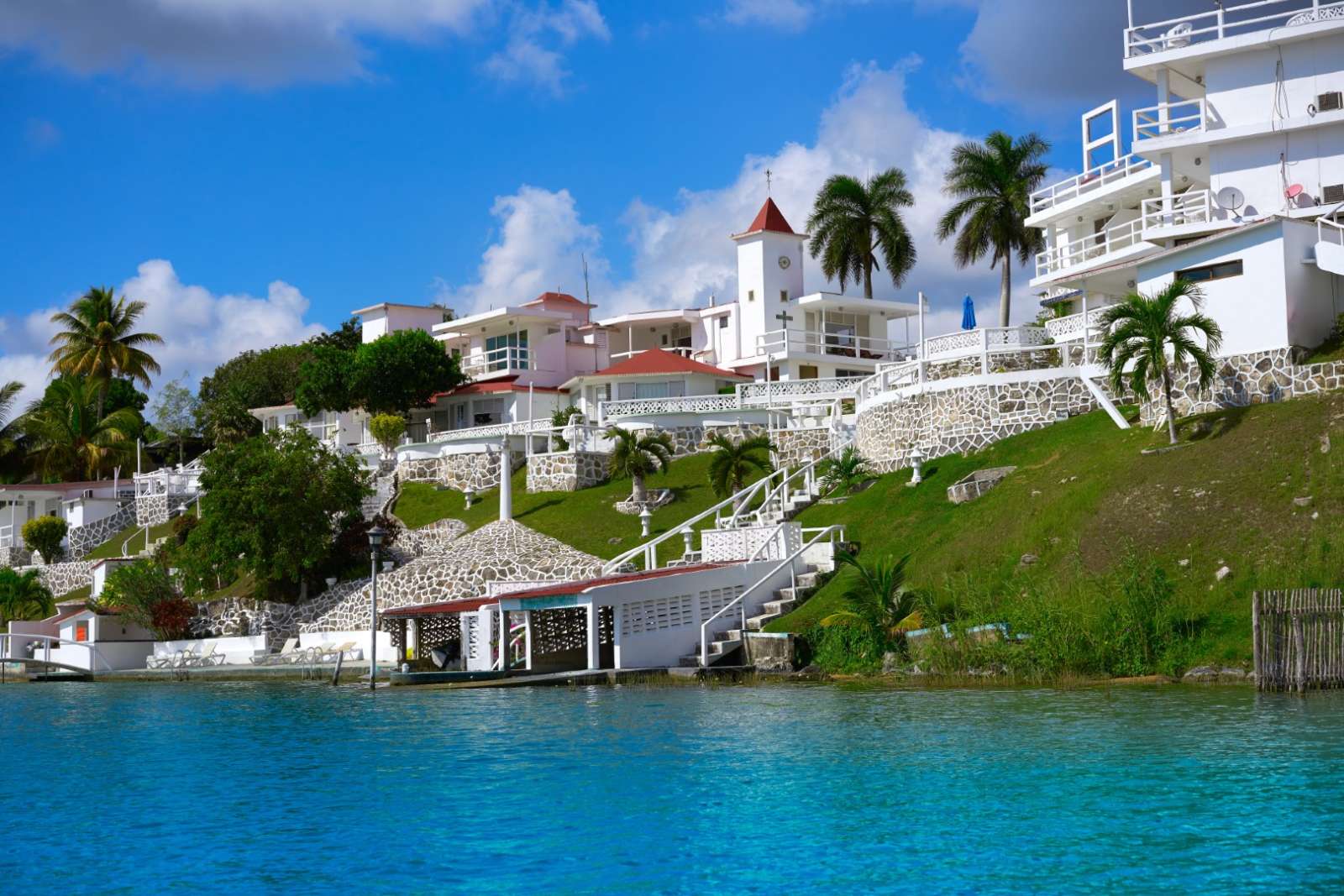 White buildings overlooking Laguna Bacalar