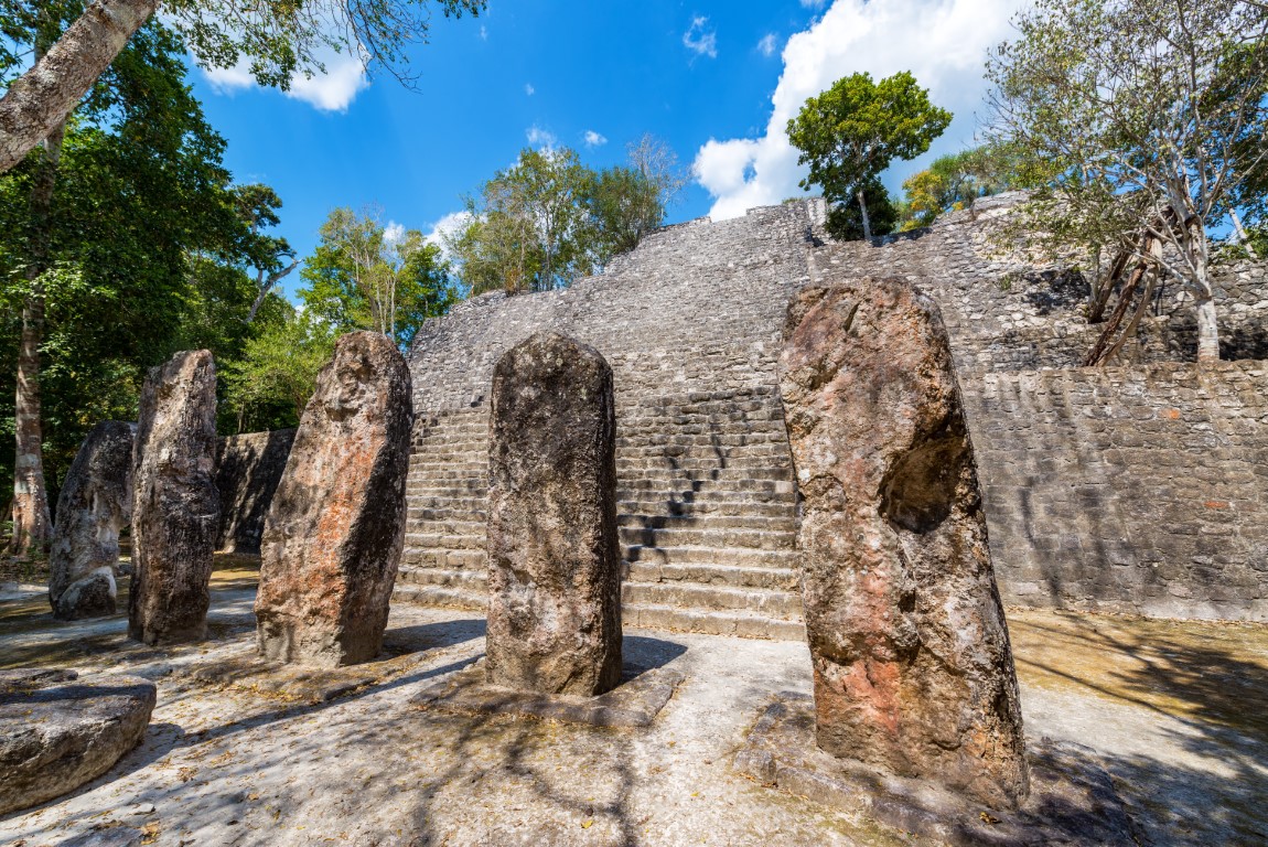 Stellae And Pyramid In Calakmul, Mexico