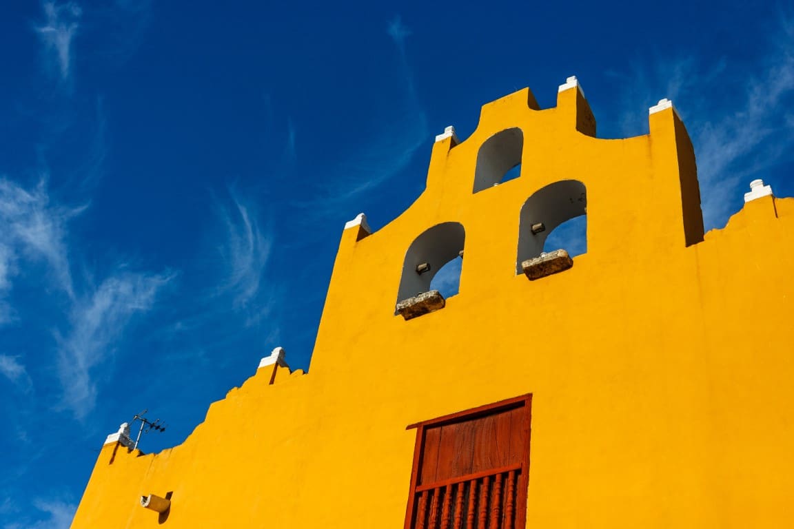 A yellow church tower at Campeche