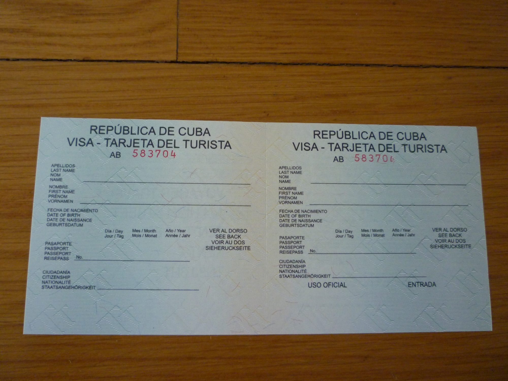 Cuba Tourist Card