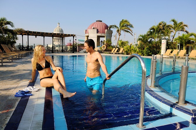 One of two rooftop swimming pools at the Iberostar Parque Central hotel in Havana