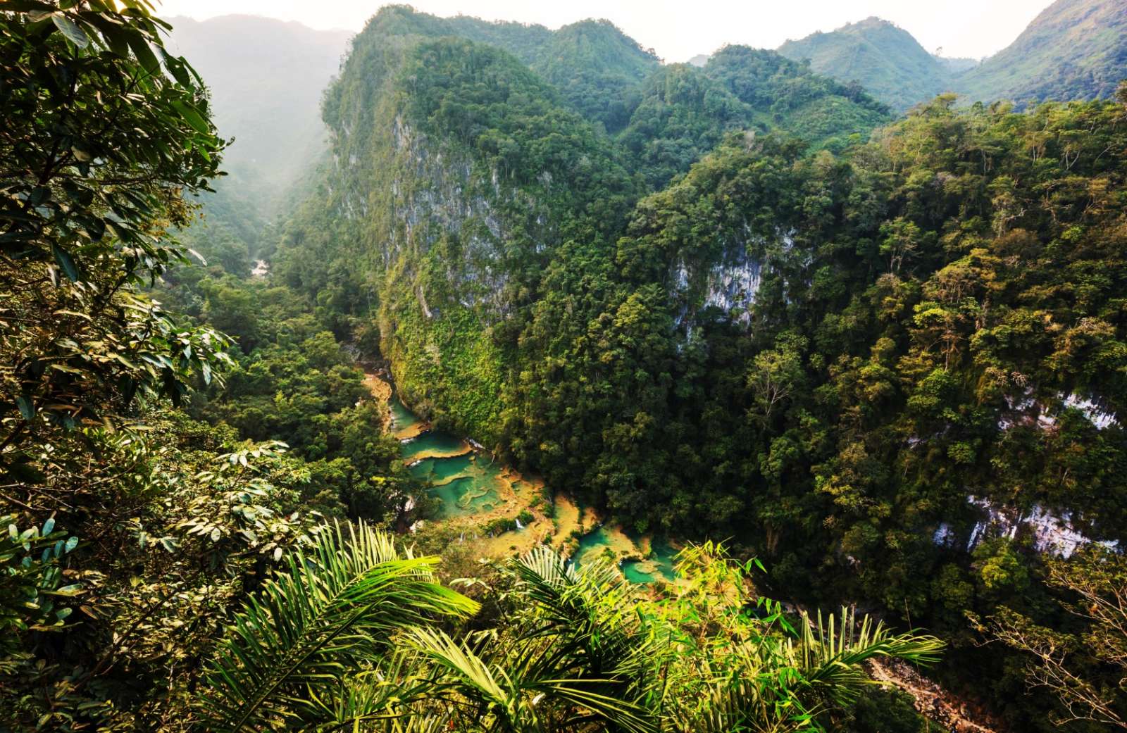 Aerial view of Semuc Champey valley gorge in Guatemala