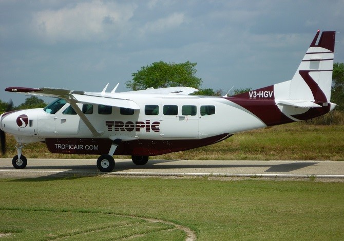 A Tropic Air plane arriving at Corozal airport in Belize