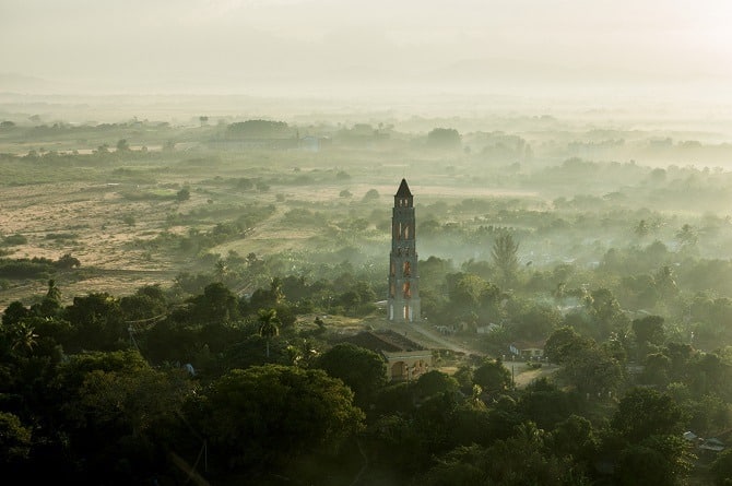 An aerial view of the Iznaga Tower in the Valley of the Sugar Mills