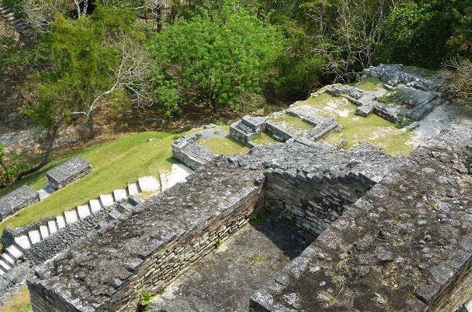 Looking down from the main pyramid at Xunantunich