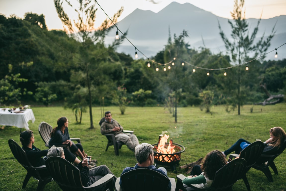 Volcano views from the campfire at Antigua glamping