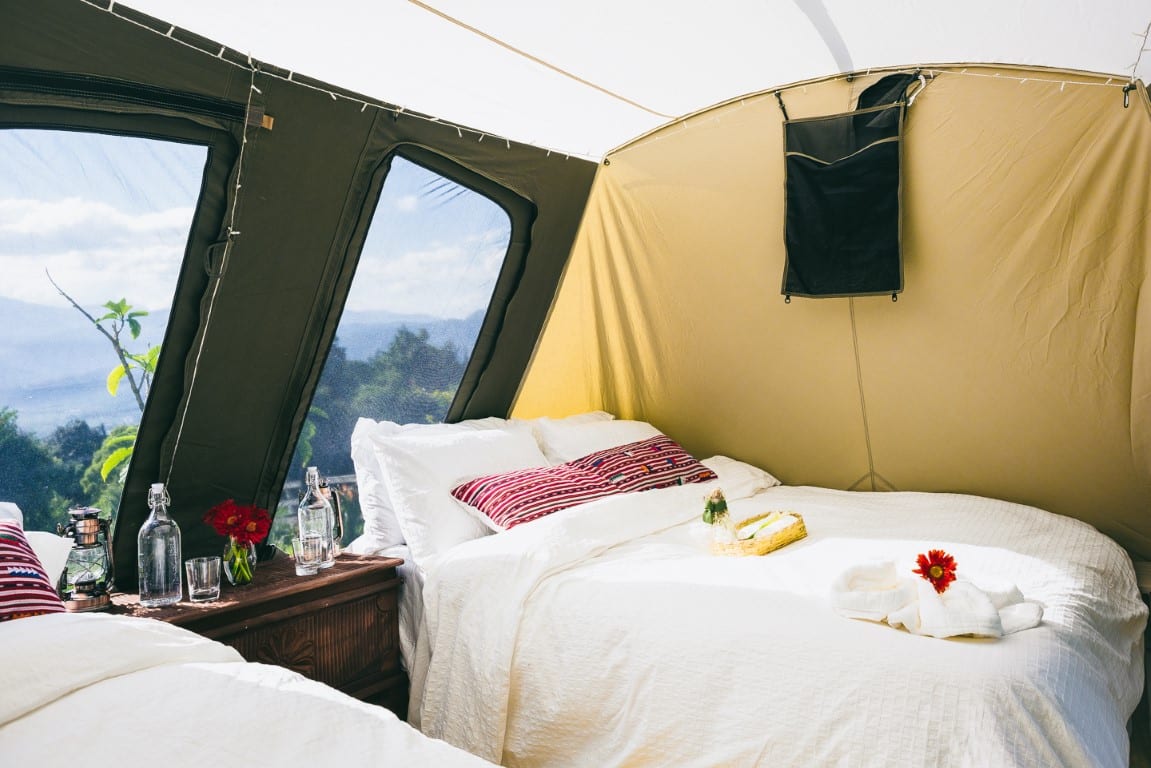 Interior of a tent at Antigua glamping