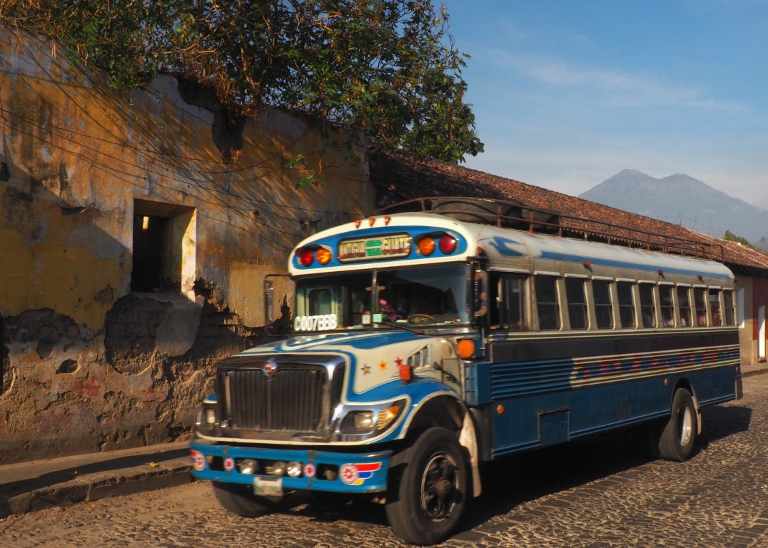 Traditional chicken bus in Antigua, Guatemala