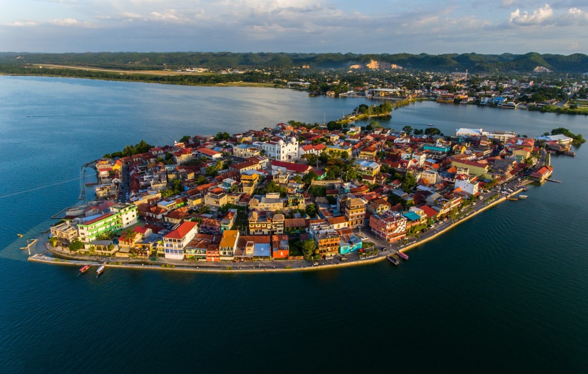 An aerial view of Flores in Lake Peten