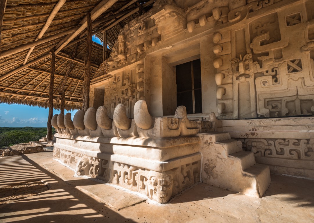 Ornate carvings at the ruined Mayan city of Ek Balam in the Yucatan Peninsula