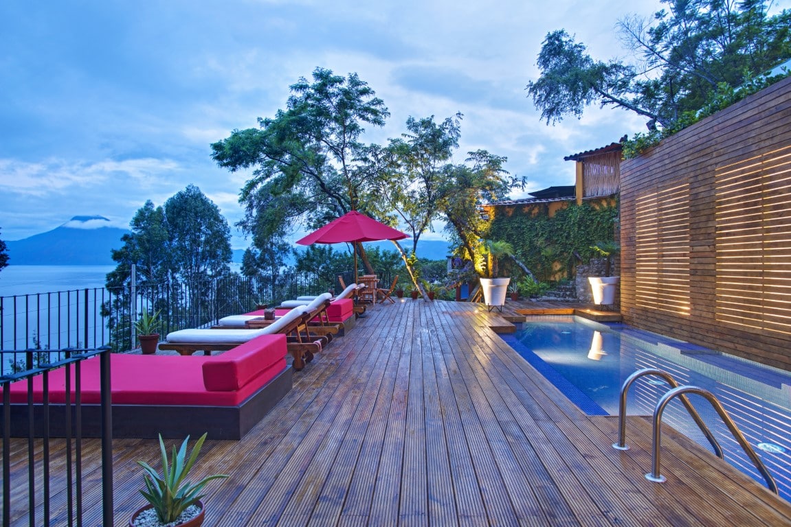 Swimming pool and decking at Casa Palopo overlooking Lake Atitlan