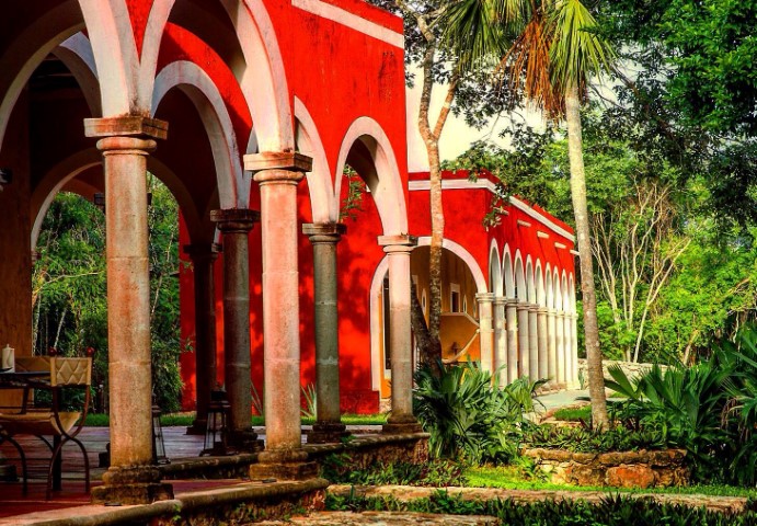 Bright red building at Hacienda Ticum in Izamal