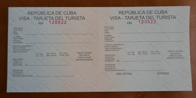 Front of a Cuba Tourist Card