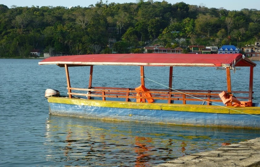 A boat tied up at Flores, Lake Peten