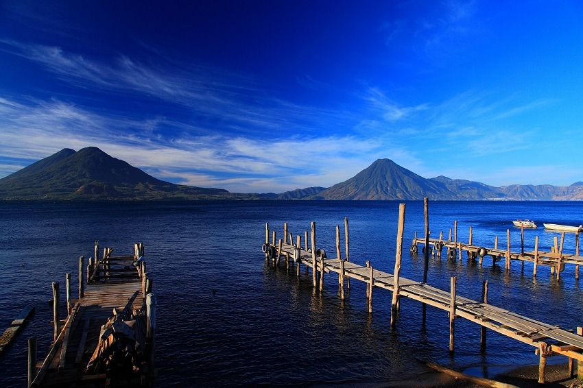 View of volcanoes over Lake Atitlan