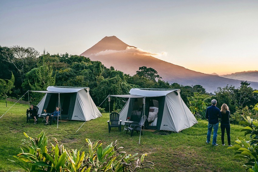 Campsite overlooking a volcano in Guatemala