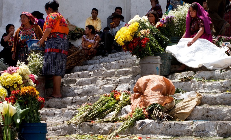 Flower sellers on the church steps in Chichicastenango