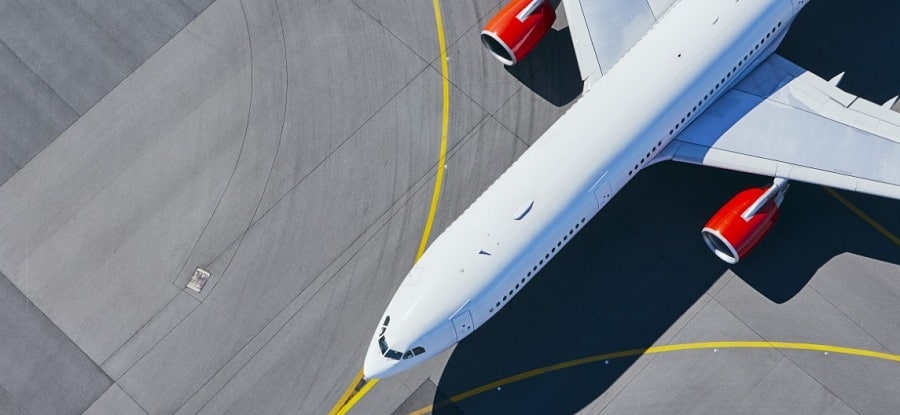 Aerial photo of aircraft on runway