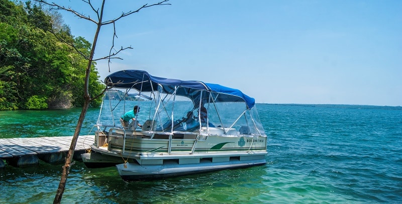 Guatemala Boat Trips Shuttle boat from Bolontiku Hotel to Flores on Lake Peten