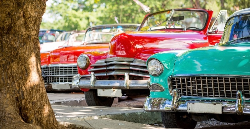 Colourful, vintage cars parked in Old Havana