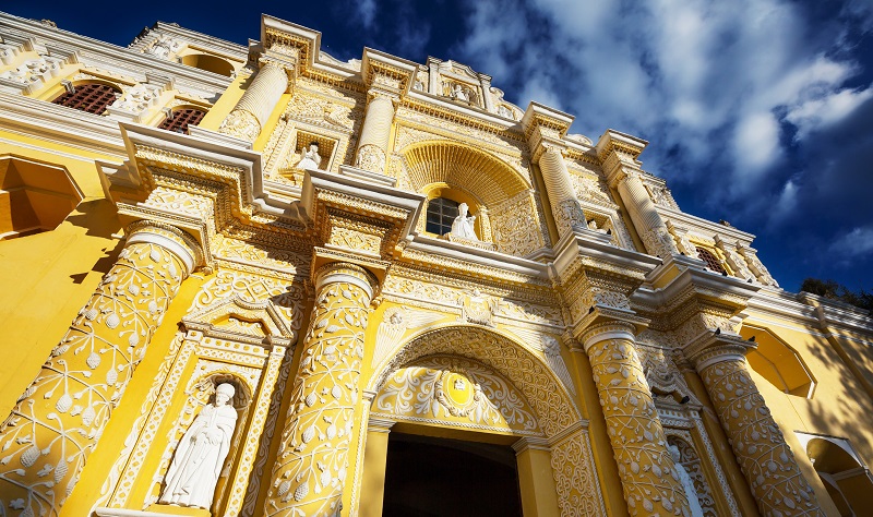 Ornate exterior of the Merced church in Antigua