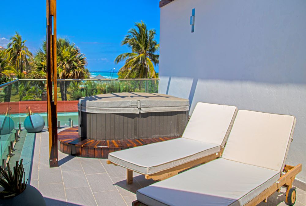 Sun loungers on balcony of hotel in Varadero