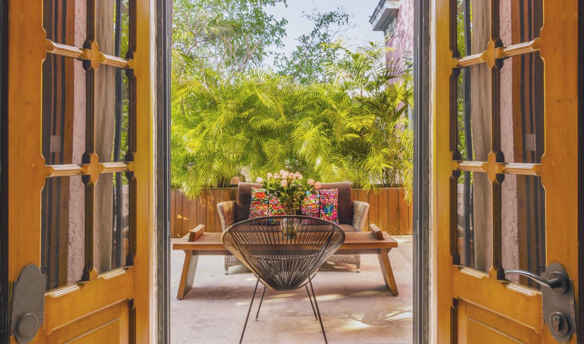 Outdoor hotel seating in Merida, Mexico