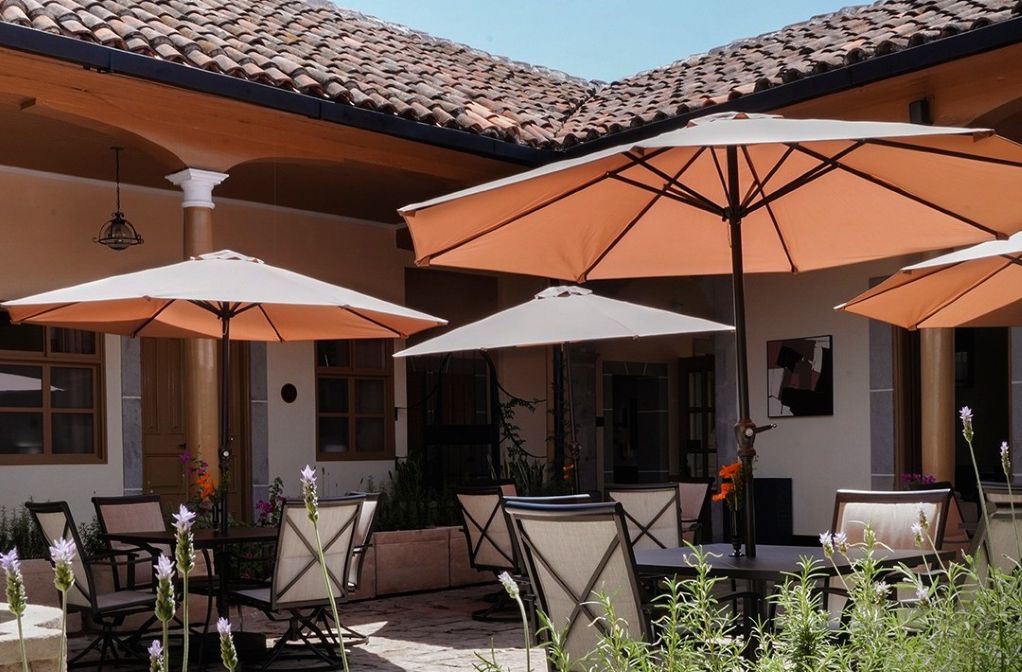Outdoor terrace with parasols in Xela